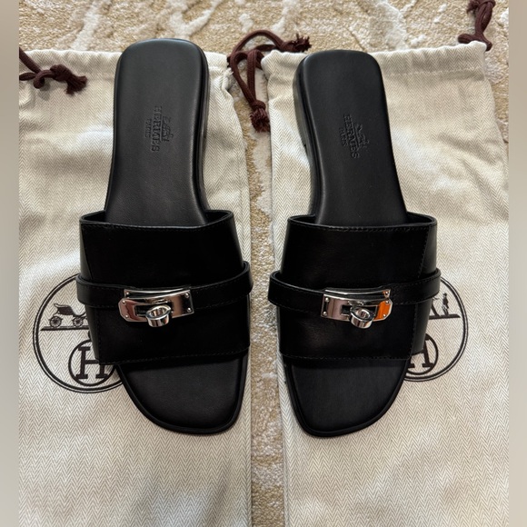 Hermes Calfskin Leather Sandals with Lock Palladium Hardware - Picture 2 of 6